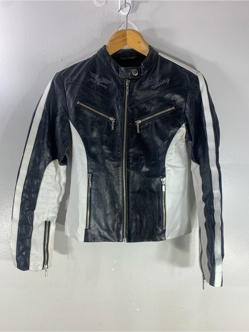 Vintage C M M black and white leather motorcycle racing jacket